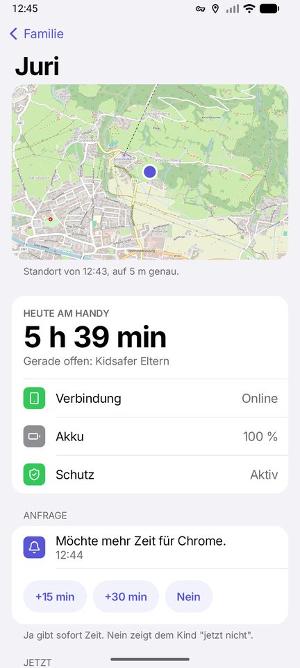 Kidsafy Eltern: Anfrage des Kindes mit den Knöpfen +15 min, +30 min und Nein