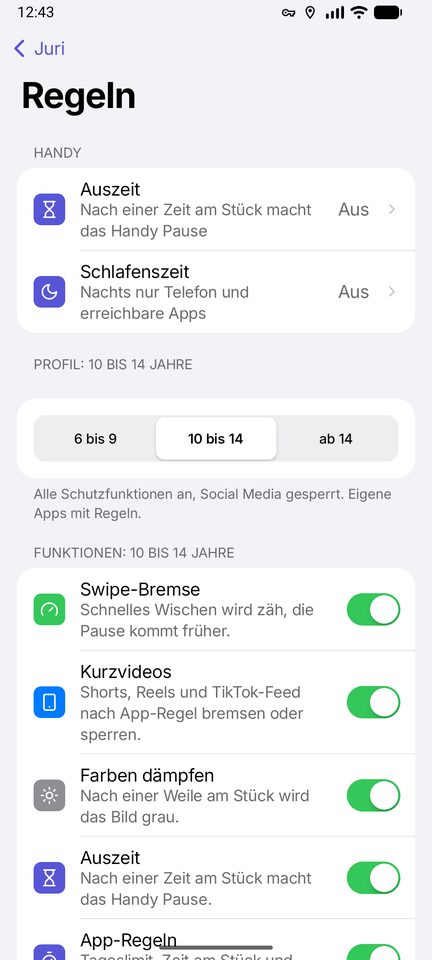 Kidsafy Eltern: Regeln mit Auszeit, Schlafenszeit und Profilwahl 6 bis 9, 10 bis 14, ab 14