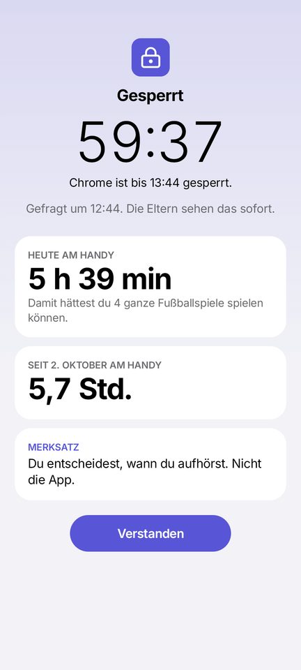 Kidsafy Kid: Pause-Bildschirm mit Sperre, Bildschirmzeit heute und dem Knopf Eltern fragen